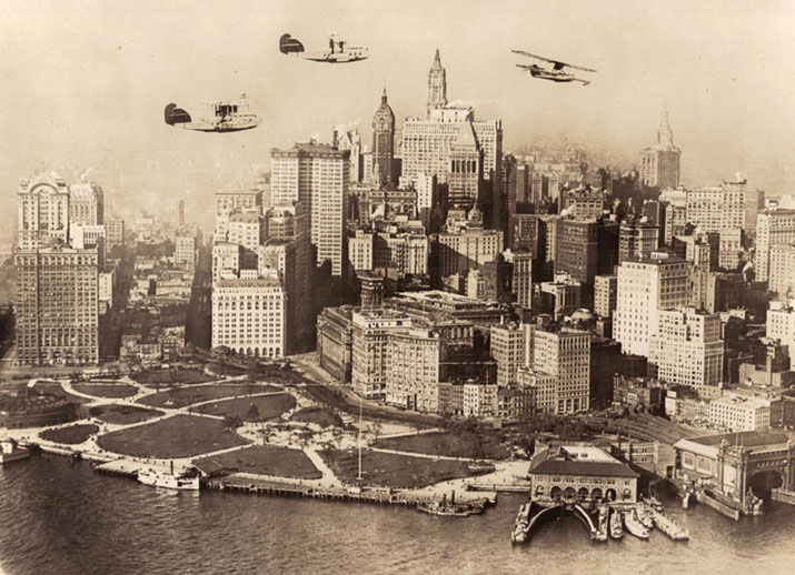 Three Aeromarine flying boats over lower Manhattan, NYC, 1922