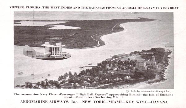 Aeromarine postcard with the 'Columbus' over Bimini, Bahamas, 1922