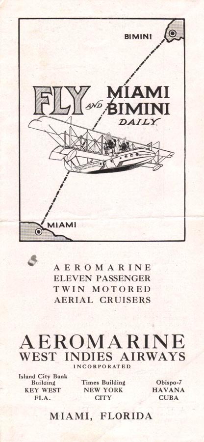 Aeromarine West Indies Airways timetable, 1921 (front cover)