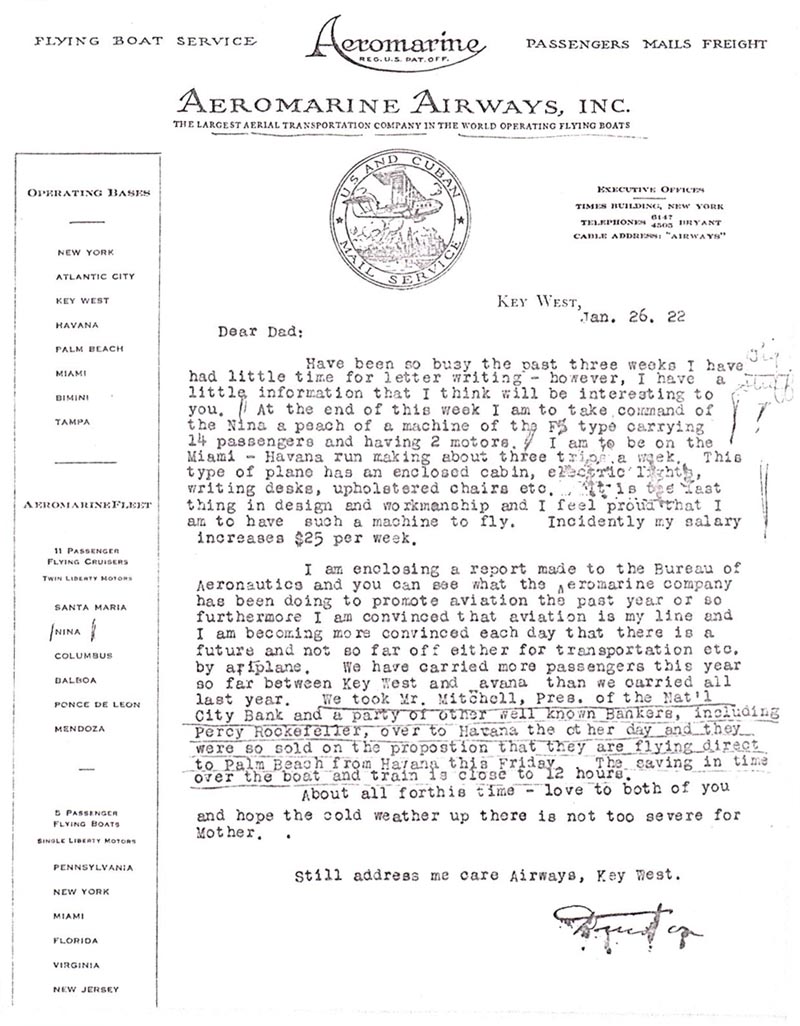 Letter written by Aeromarine Pilot Durston Richardson, 1922