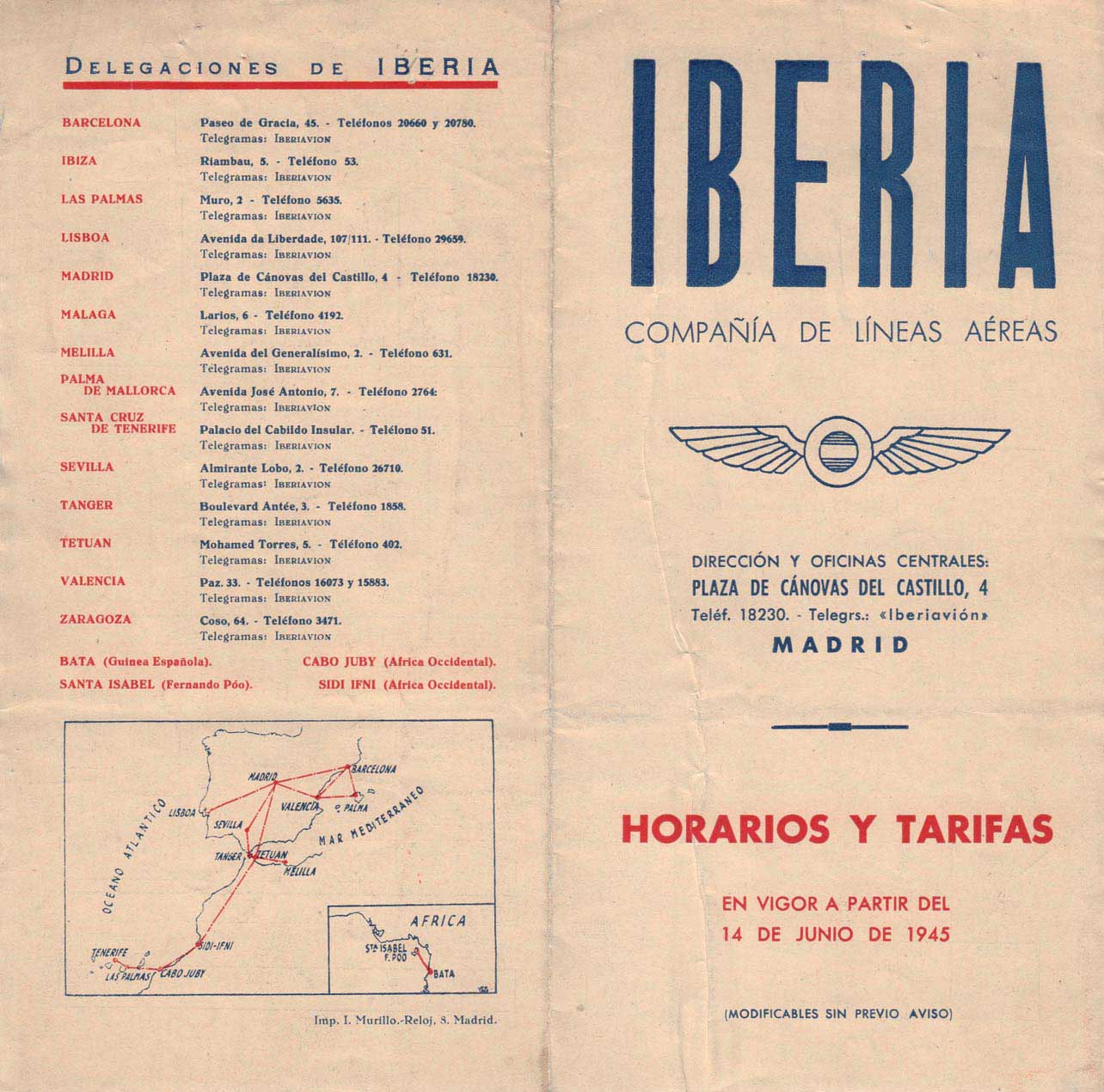 Portada de Tabla de horarios y tarifas de Iberia, de 1945. Colección de Diederik R. Vels Heijn.
