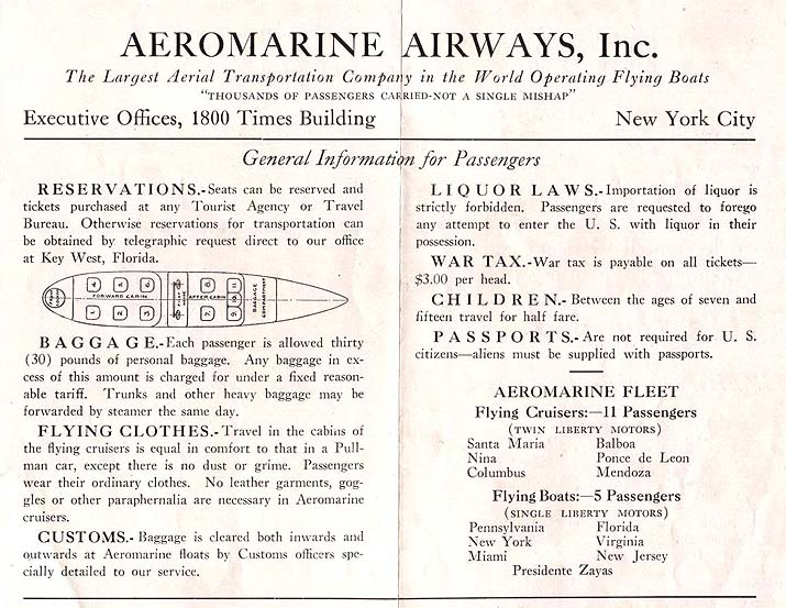 Aeromarine timetable, 1921-22