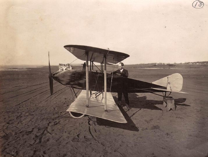 Hugh Robinson w/Aeromarine Model R-13 outside the Aeromarine factory, Keyport, 1917