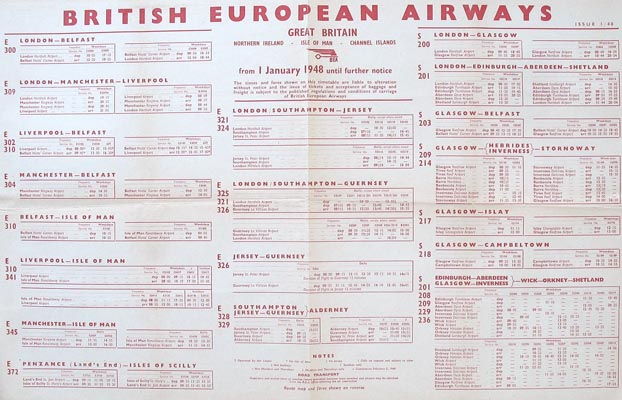 From 01-12-1952 Vintage BEA Timetable To Switzerland Zurich Basle & Geneva 