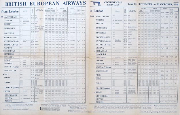 Vintage BEA Timetable UK To Zurich & Geneva Switzerland From 20-05-1951 